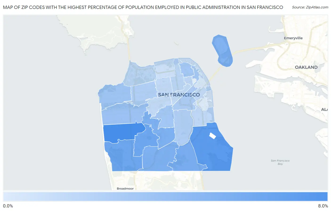 Zip Codes with the Highest Percentage of Population Employed in Public Administration in San Francisco Map