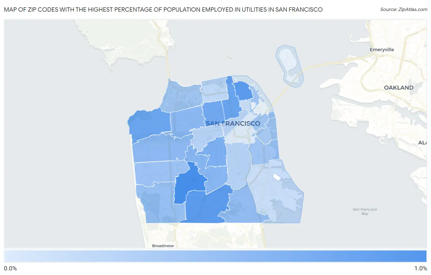 Zip Codes with the Highest Percentage of Population Employed in Utilities in San Francisco Map