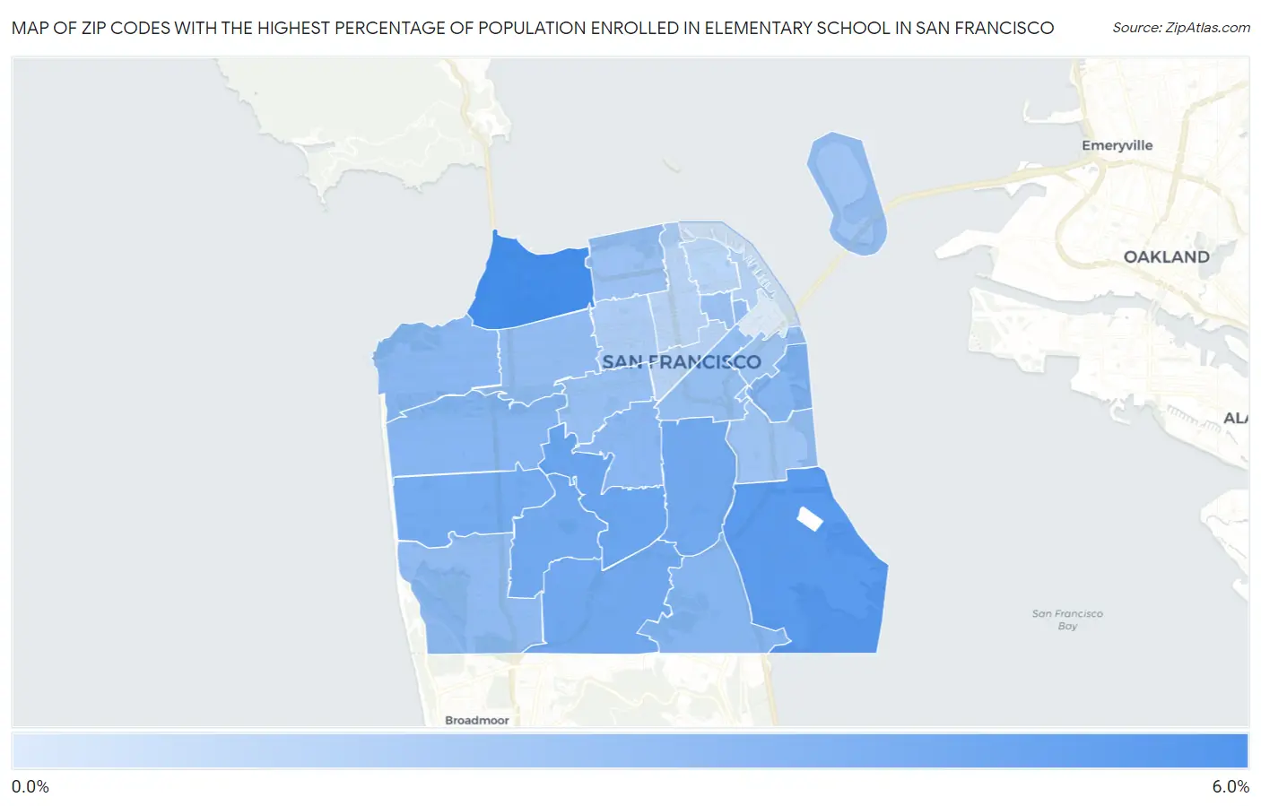 Zip Codes with the Highest Percentage of Population Enrolled in Elementary School in San Francisco Map