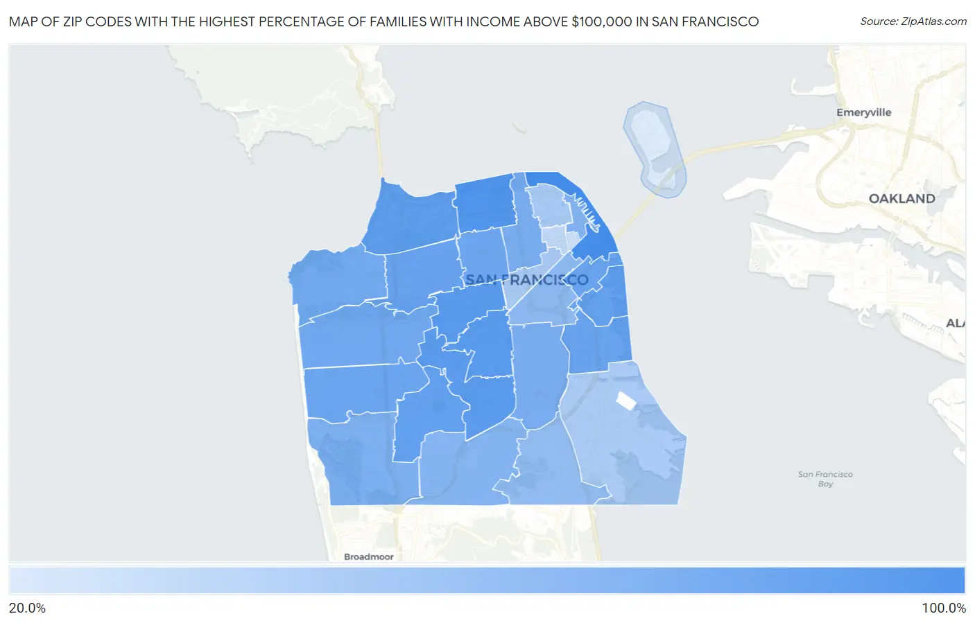Zip Codes with the Highest Percentage of Families with Income Above $100,000 in San Francisco Map