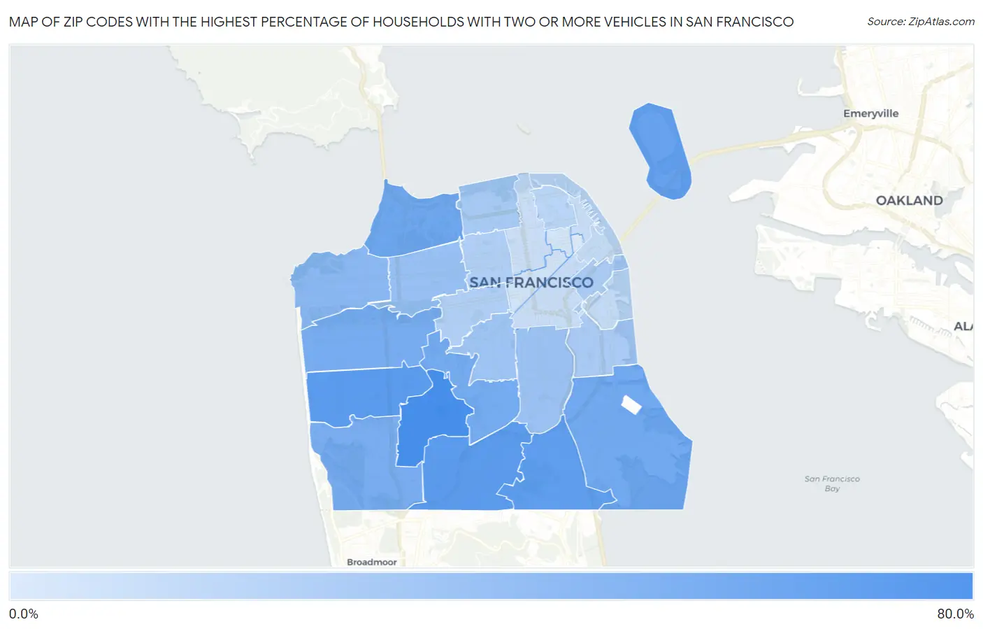 Zip Codes with the Highest Percentage of Households With Two or more Vehicles in San Francisco Map