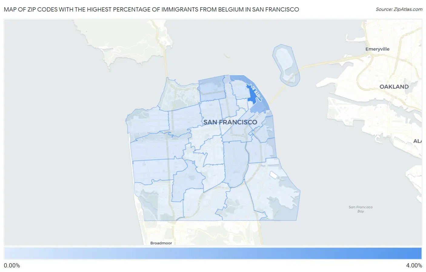 Zip Codes with the Highest Percentage of Immigrants from Belgium in San Francisco Map