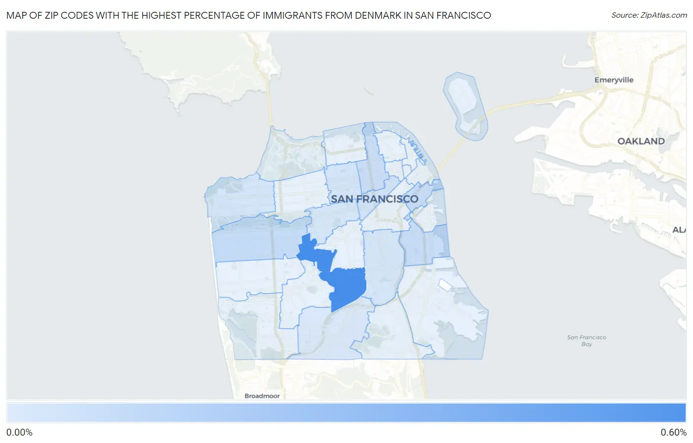 Zip Codes with the Highest Percentage of Immigrants from Denmark in San Francisco Map