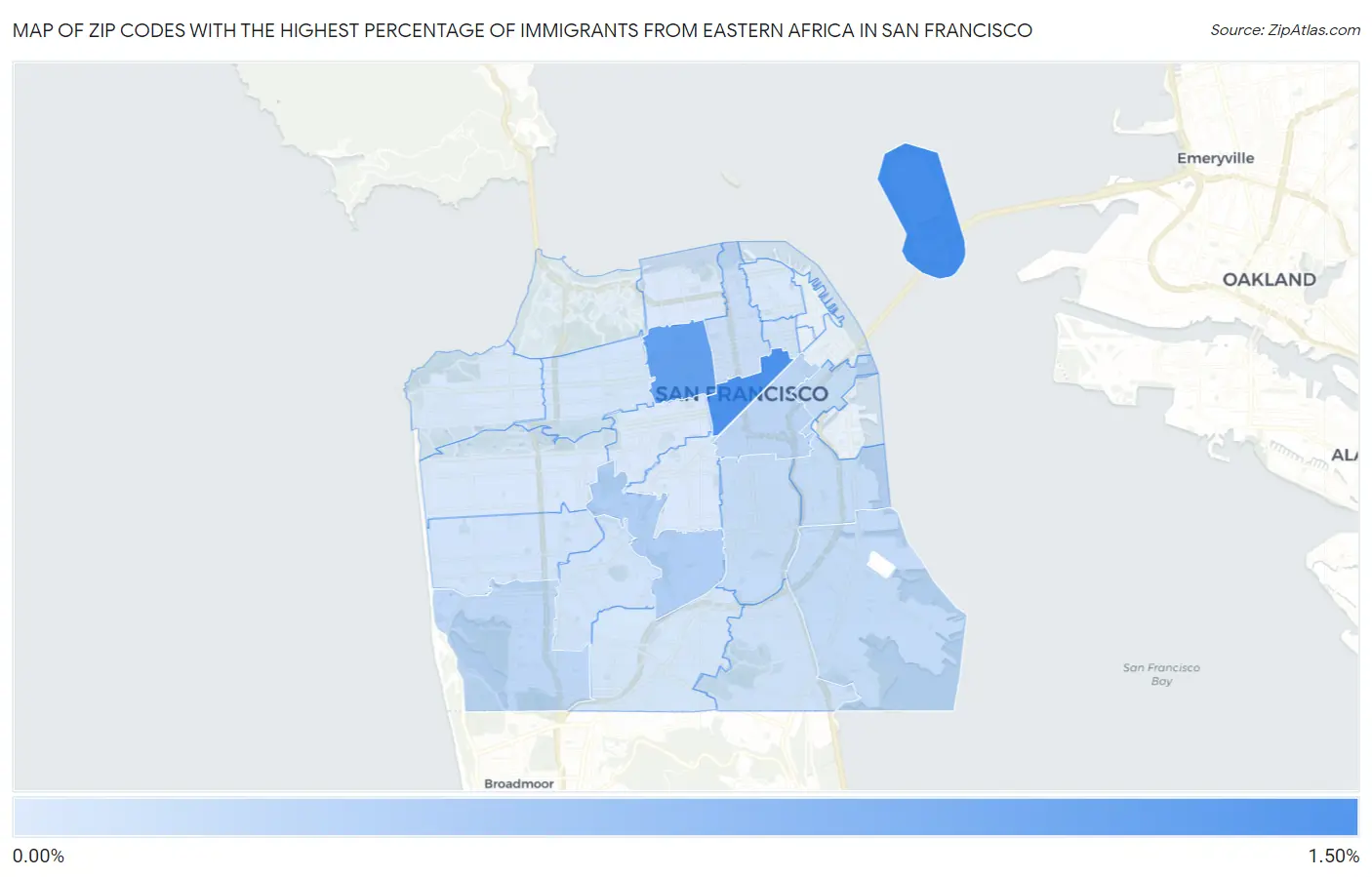 Zip Codes with the Highest Percentage of Immigrants from Eastern Africa in San Francisco Map