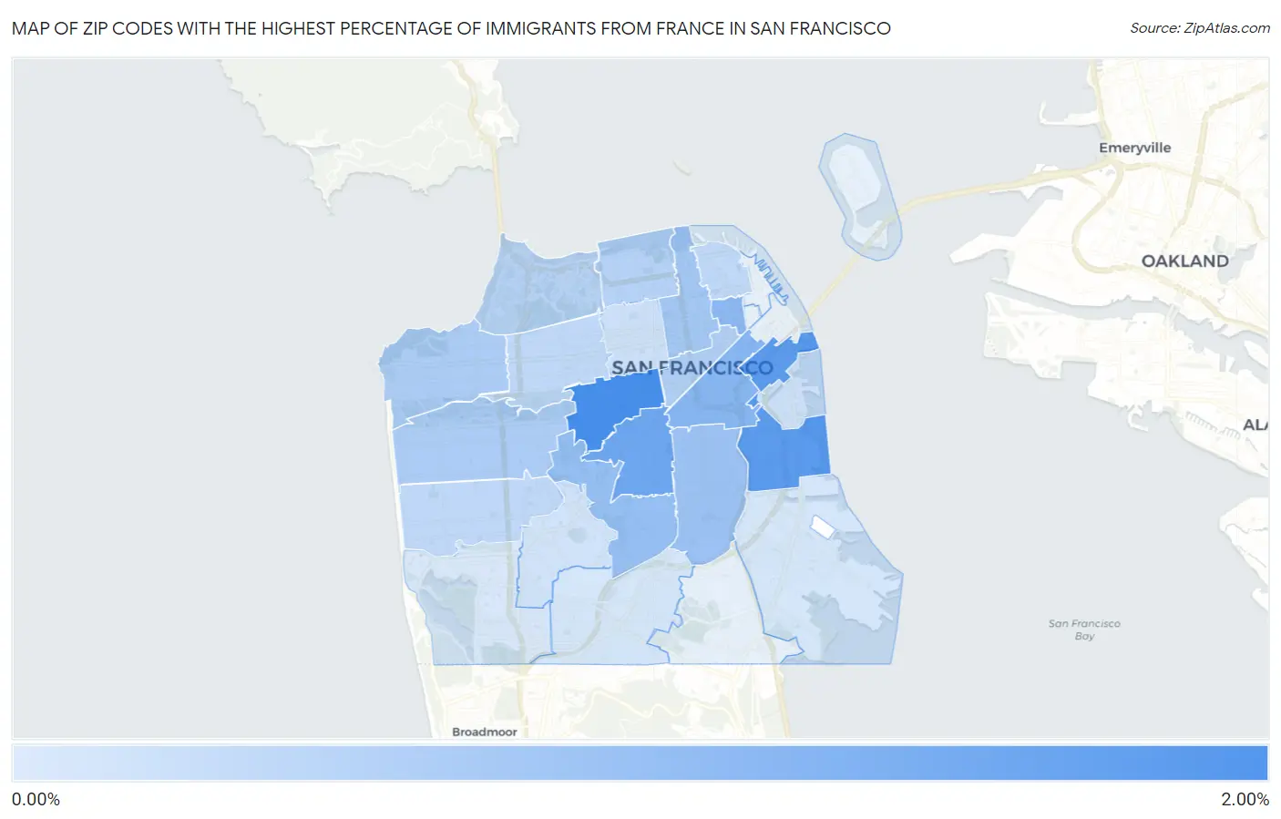 Zip Codes with the Highest Percentage of Immigrants from France in San Francisco Map