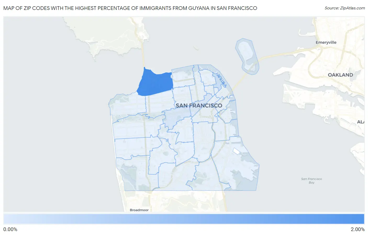 Zip Codes with the Highest Percentage of Immigrants from Guyana in San Francisco Map