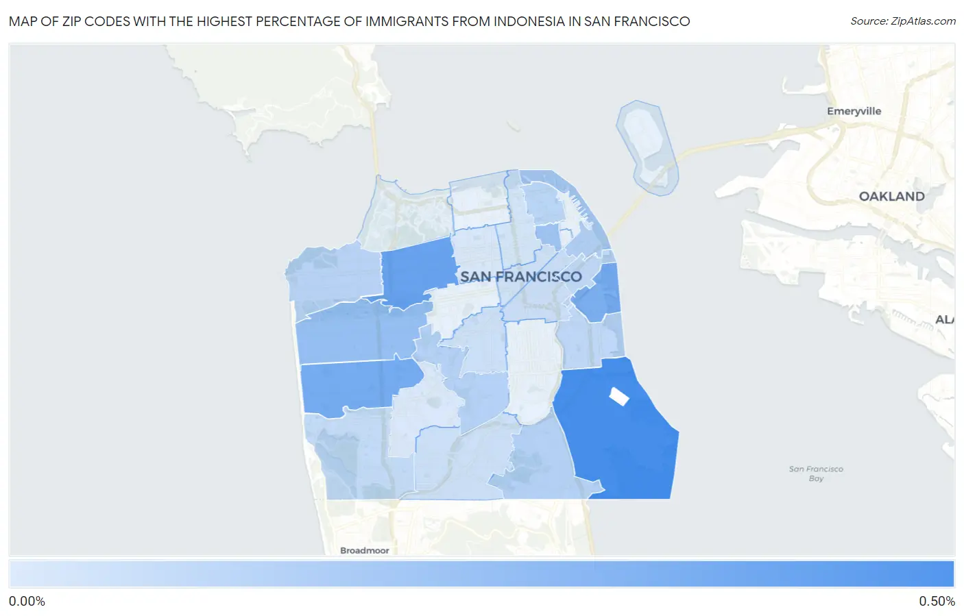Zip Codes with the Highest Percentage of Immigrants from Indonesia in San Francisco Map