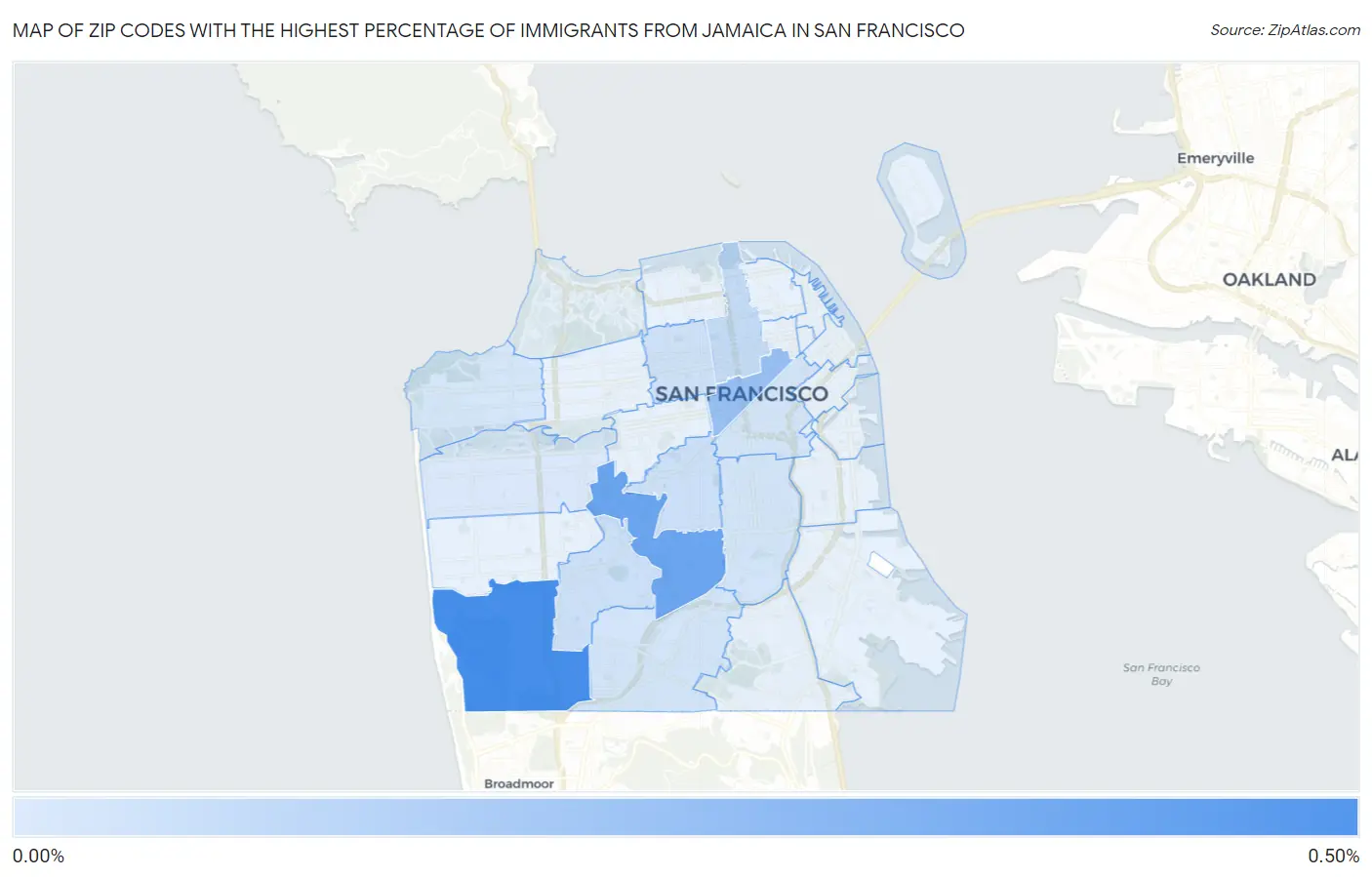 Zip Codes with the Highest Percentage of Immigrants from Jamaica in San Francisco Map