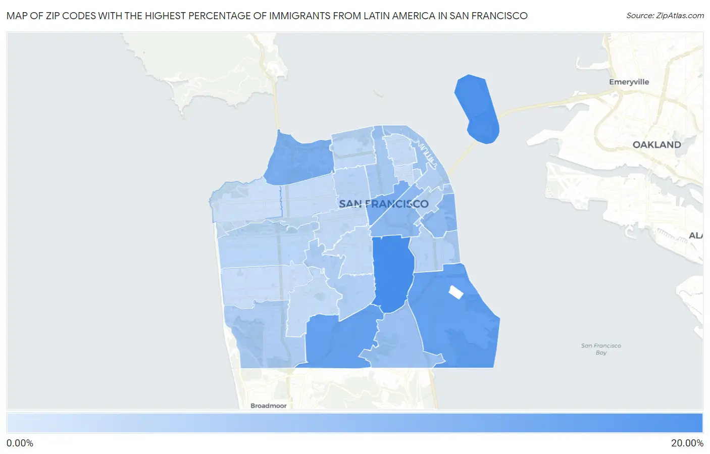 Zip Codes with the Highest Percentage of Immigrants from Latin America in San Francisco Map
