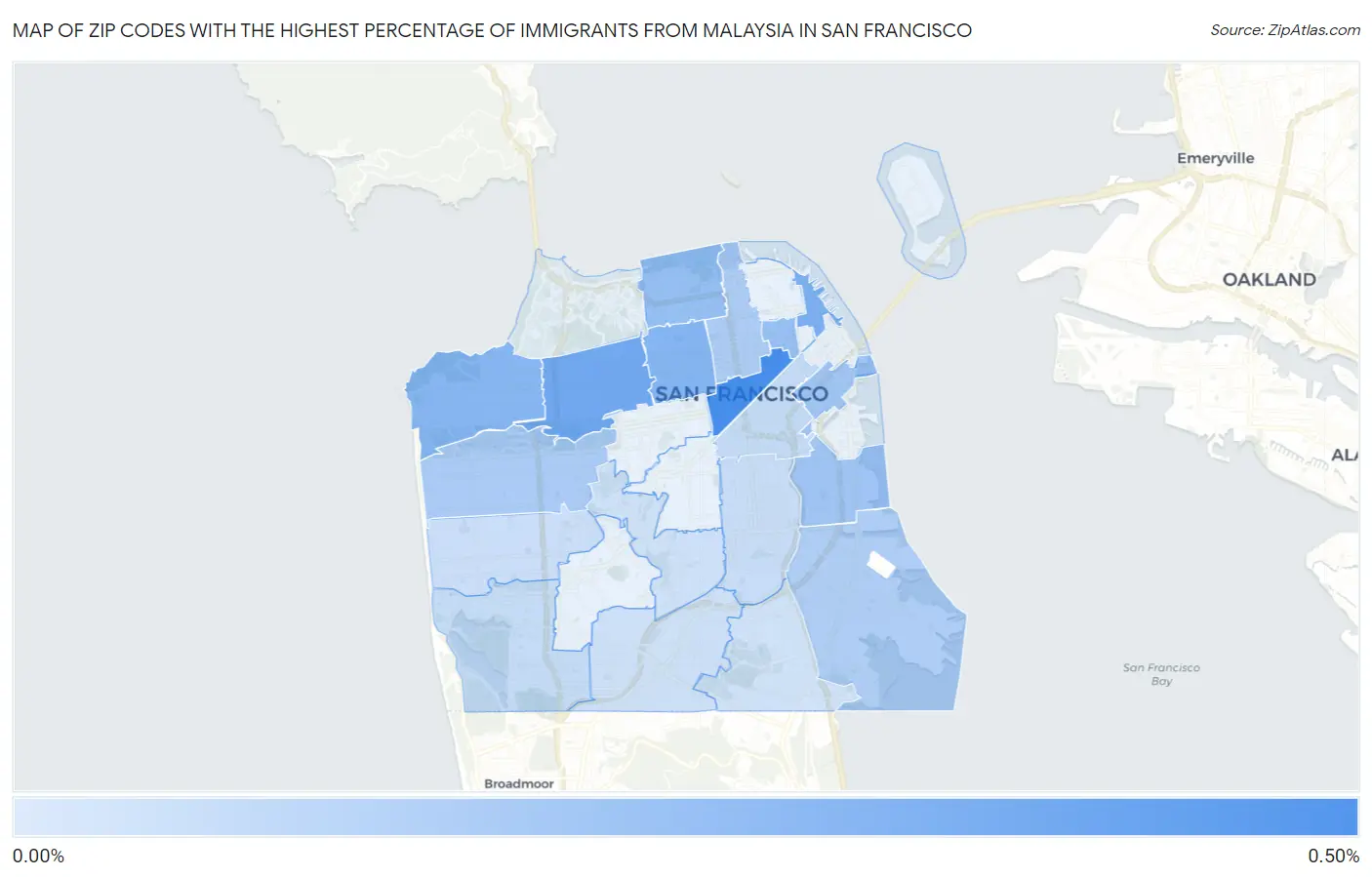 Zip Codes with the Highest Percentage of Immigrants from Malaysia in San Francisco Map