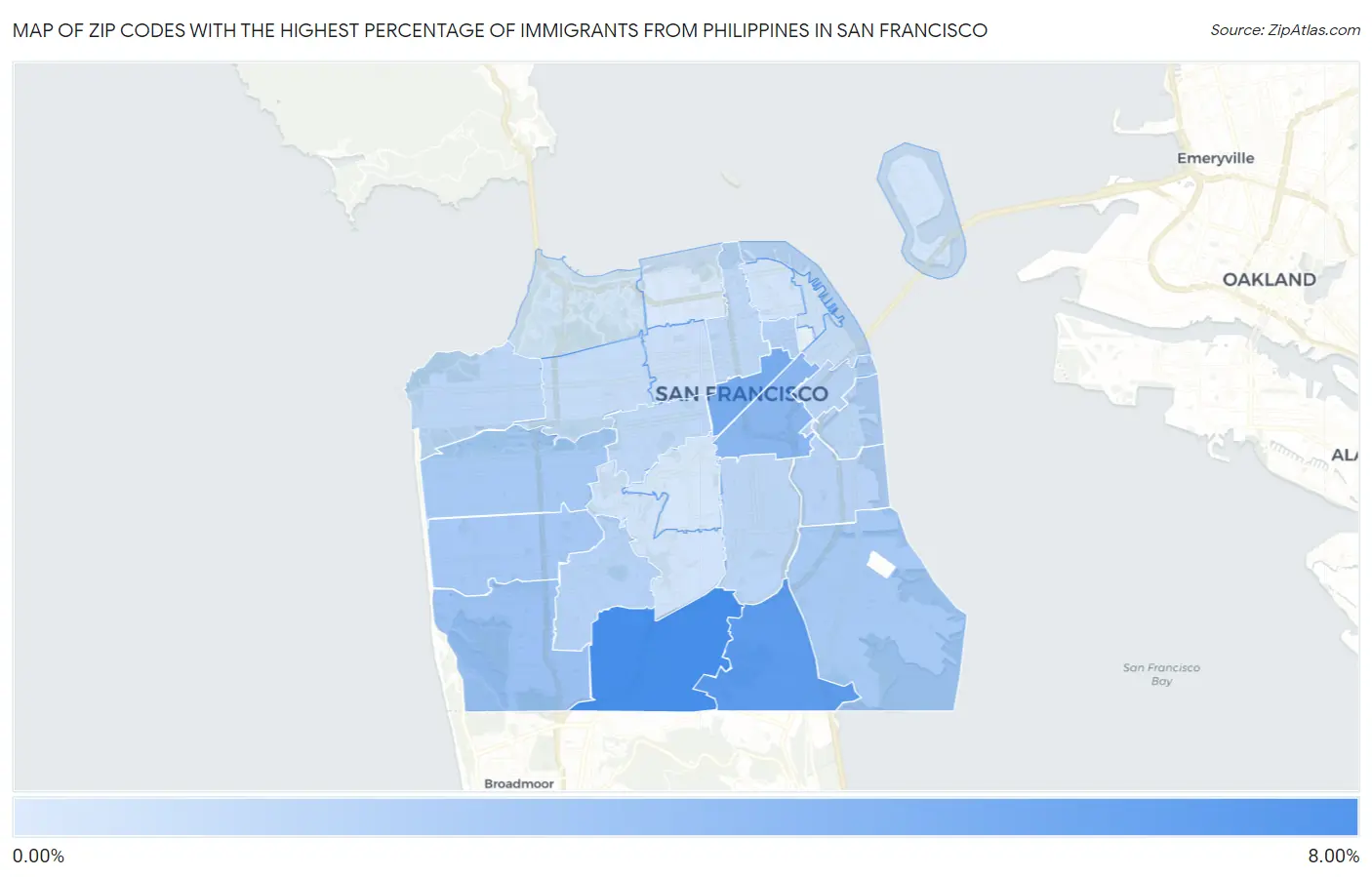 Zip Codes with the Highest Percentage of Immigrants from Philippines in San Francisco Map