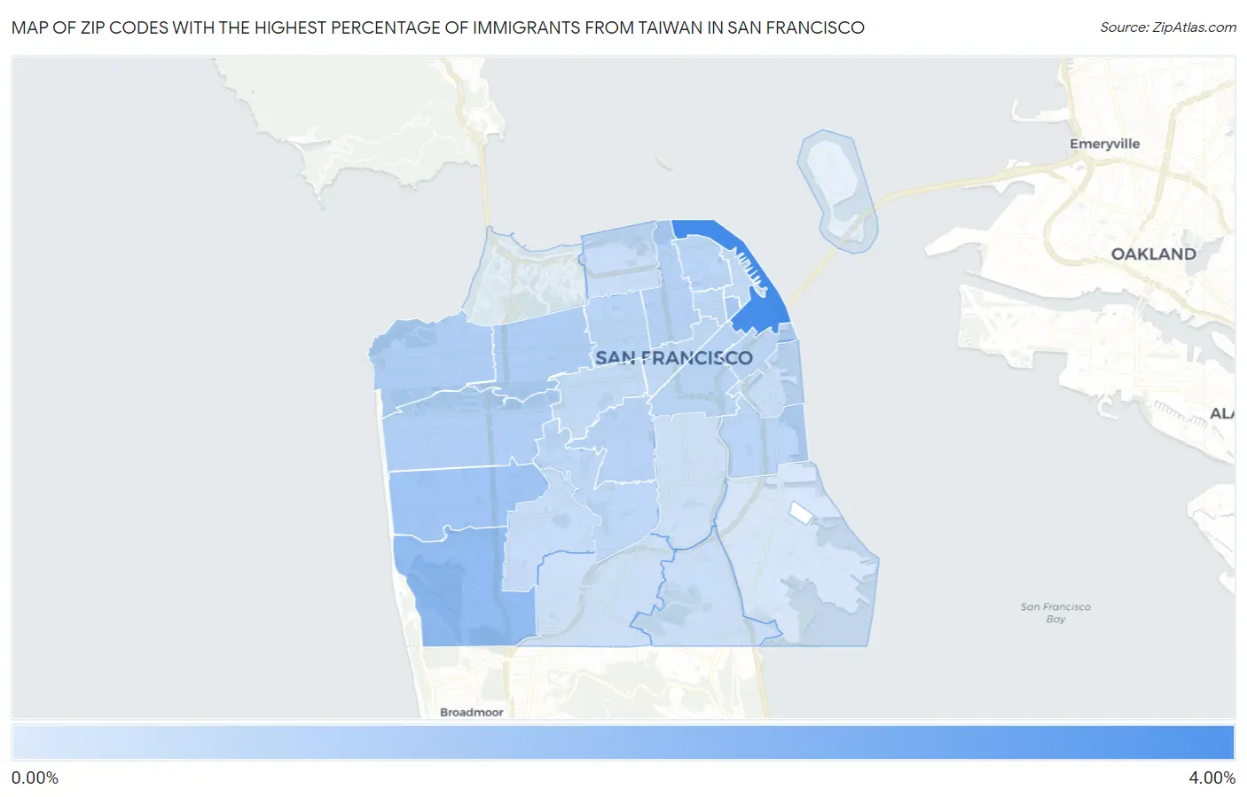 Zip Codes with the Highest Percentage of Immigrants from Taiwan in San Francisco Map