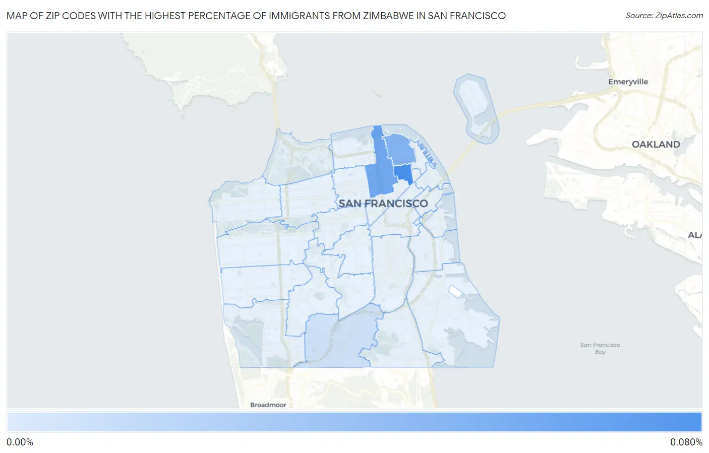 Zip Codes with the Highest Percentage of Immigrants from Zimbabwe in San Francisco Map