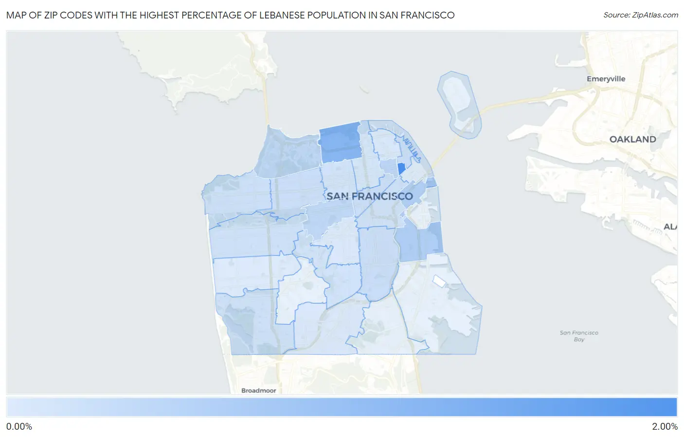 Zip Codes with the Highest Percentage of Lebanese Population in San Francisco Map