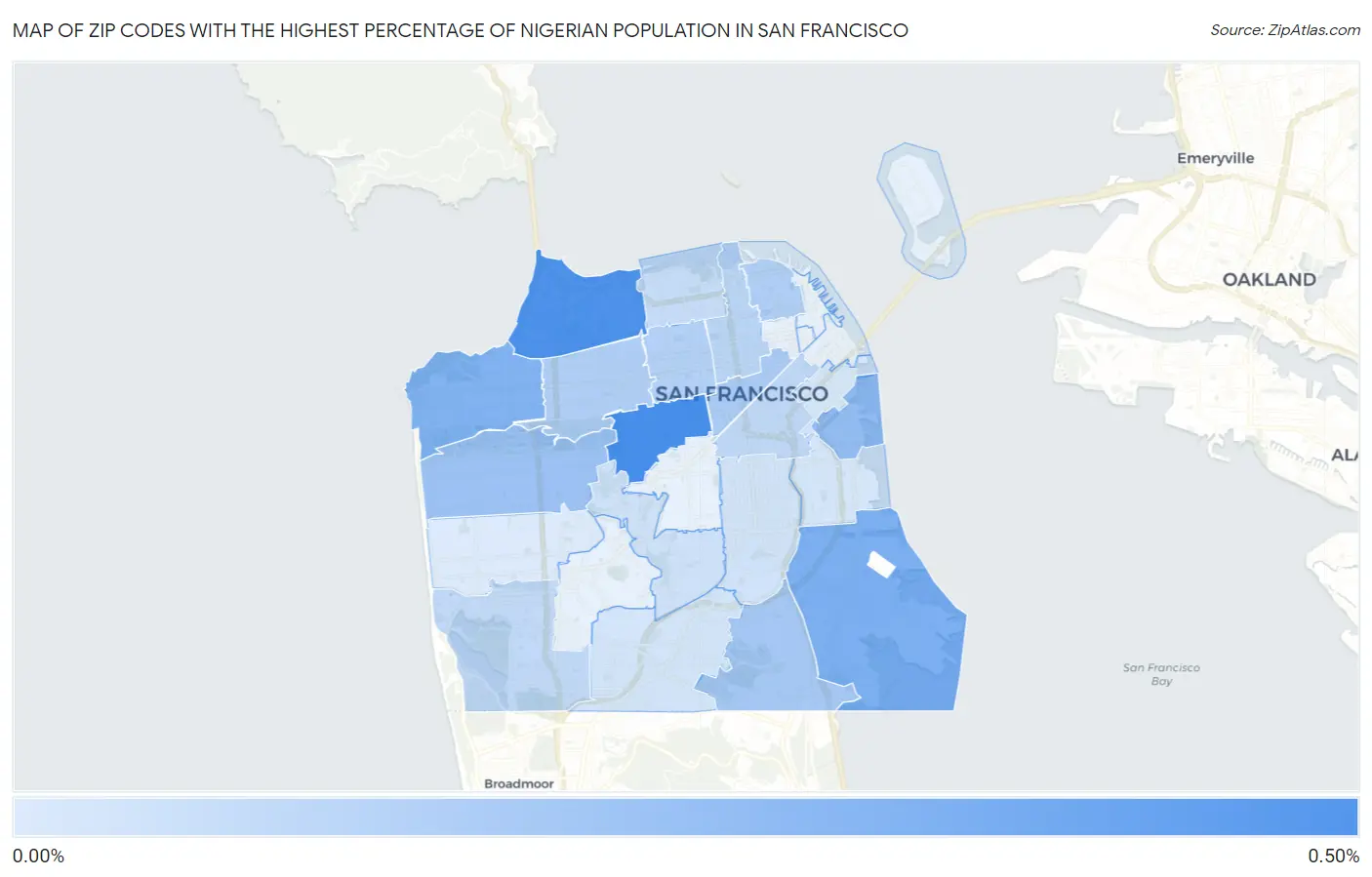 Zip Codes with the Highest Percentage of Nigerian Population in San Francisco Map