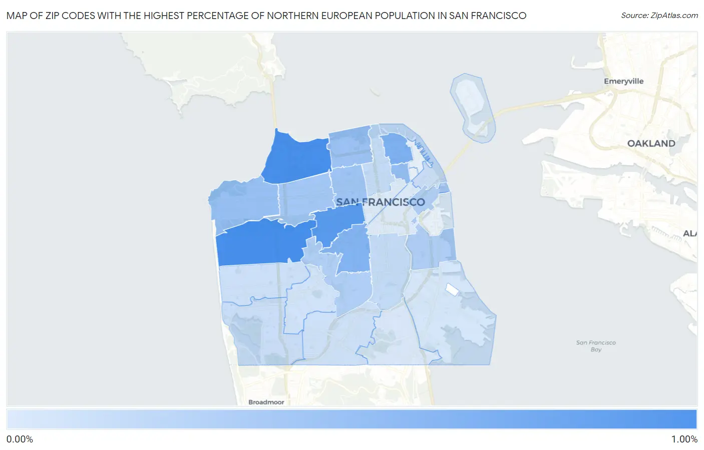 Zip Codes with the Highest Percentage of Northern European Population in San Francisco Map