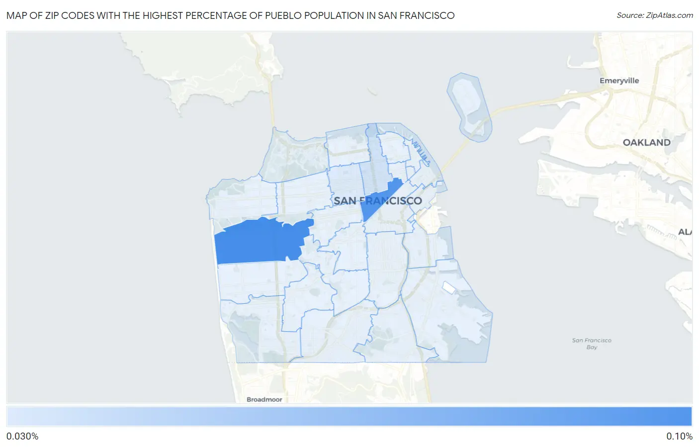 Zip Codes with the Highest Percentage of Pueblo Population in San Francisco Map