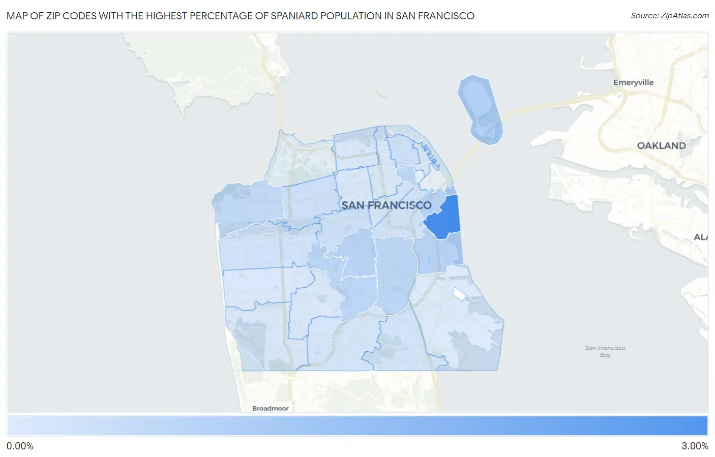 Zip Codes with the Highest Percentage of Spaniard Population in San Francisco Map