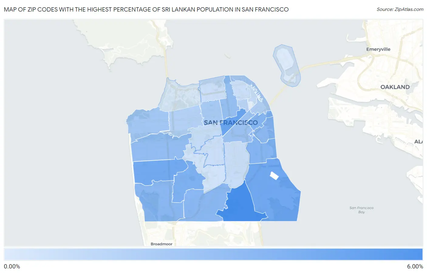 Zip Codes with the Highest Percentage of Sri Lankan Population in San Francisco Map