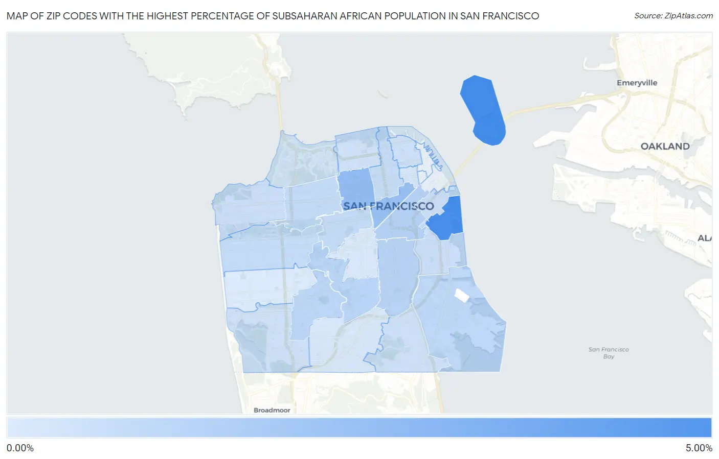 Zip Codes with the Highest Percentage of Subsaharan African Population in San Francisco Map