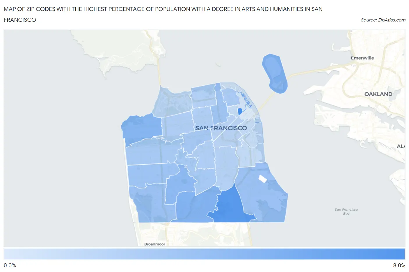 Zip Codes with the Highest Percentage of Population with a Degree in Arts and Humanities in San Francisco Map