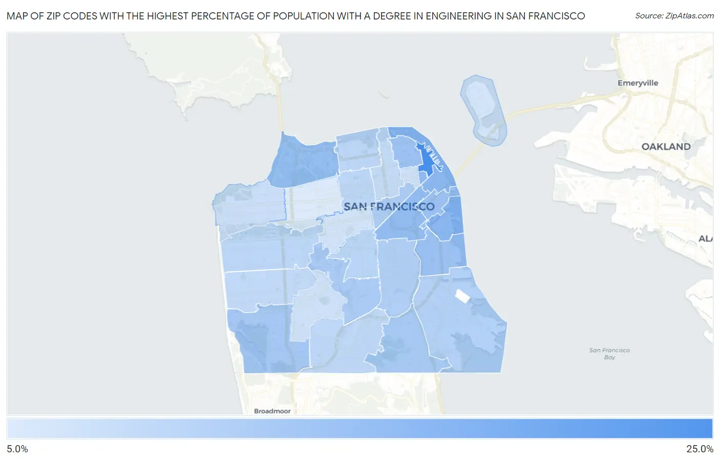 Zip Codes with the Highest Percentage of Population with a Degree in Engineering in San Francisco Map