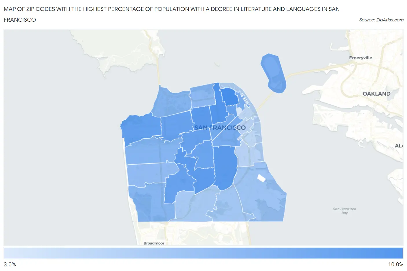 Zip Codes with the Highest Percentage of Population with a Degree in Literature and Languages in San Francisco Map