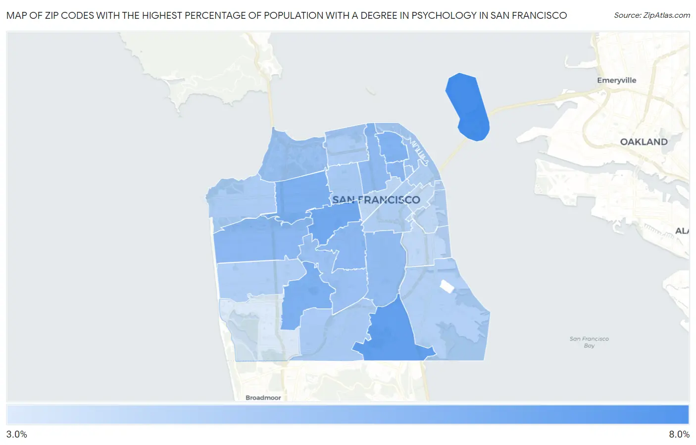 Zip Codes with the Highest Percentage of Population with a Degree in Psychology in San Francisco Map