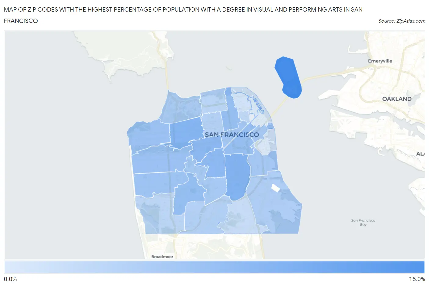 Zip Codes with the Highest Percentage of Population with a Degree in Visual and Performing Arts in San Francisco Map