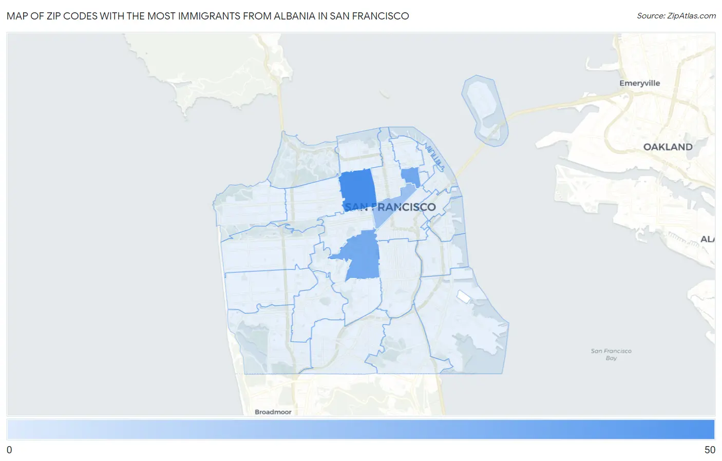 Zip Codes with the Most Immigrants from Albania in San Francisco Map