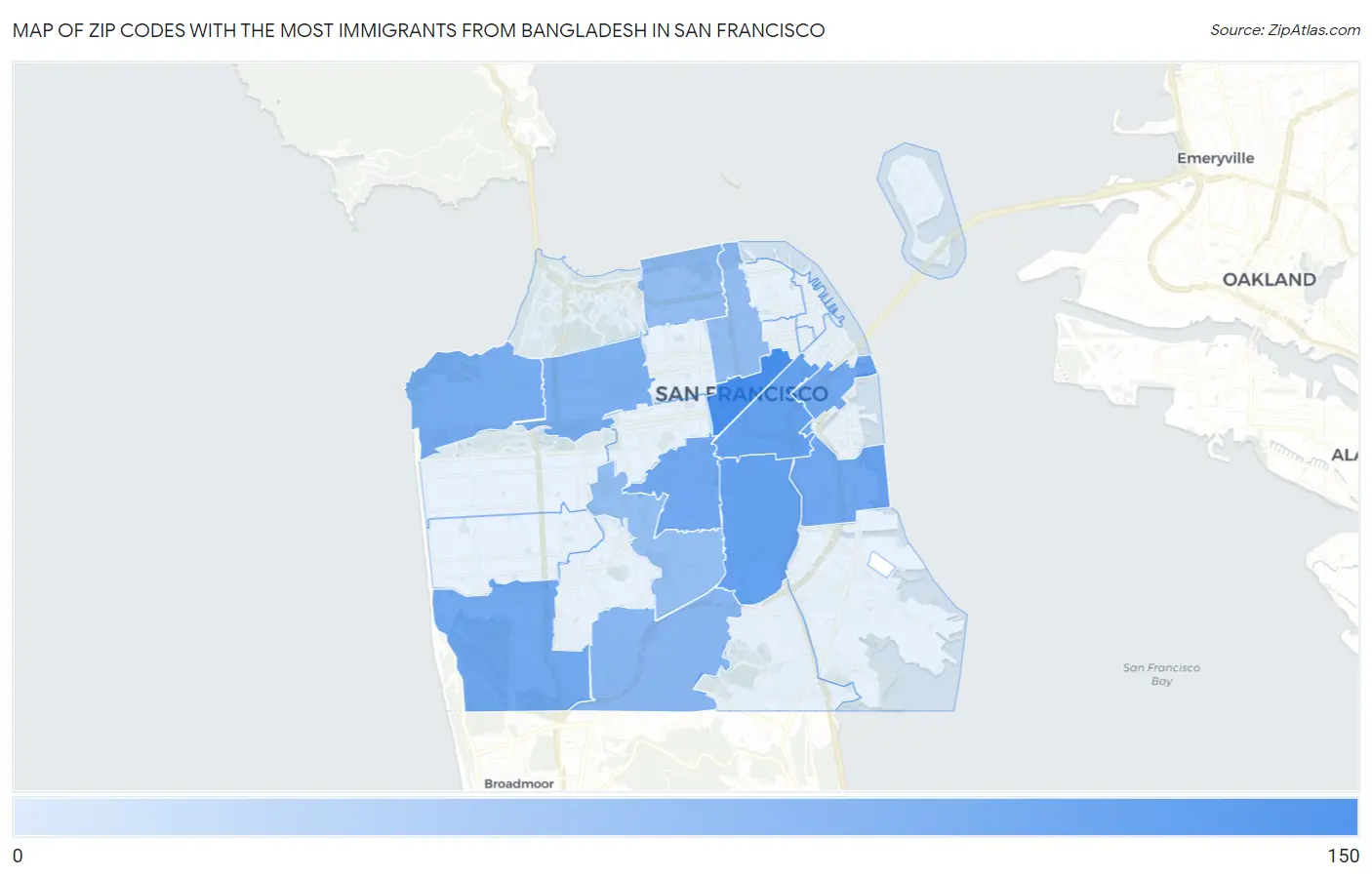 Zip Codes with the Most Immigrants from Bangladesh in San Francisco Map