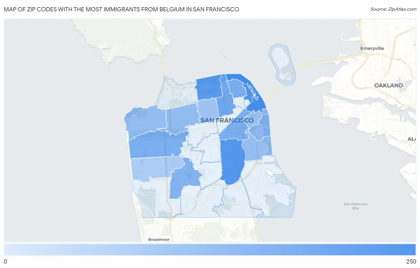 Zip Codes with the Most Immigrants from Belgium in San Francisco Map