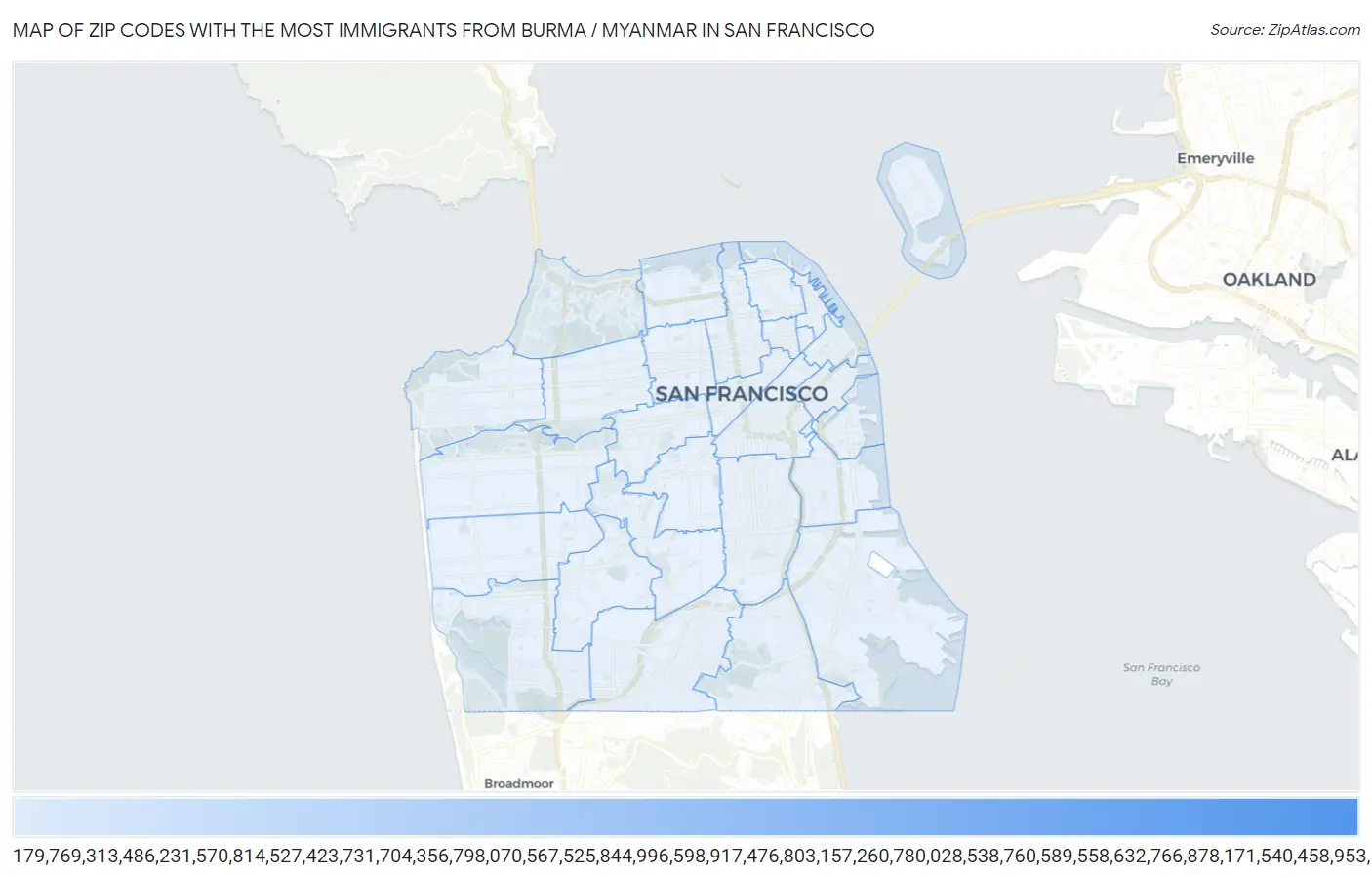Zip Codes with the Most Immigrants from Burma / Myanmar in San Francisco Map