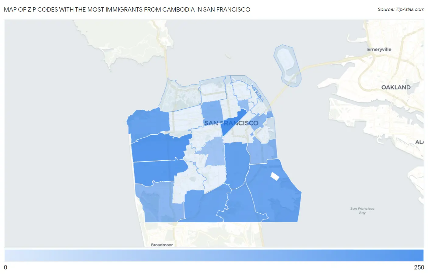 Zip Codes with the Most Immigrants from Cambodia in San Francisco Map
