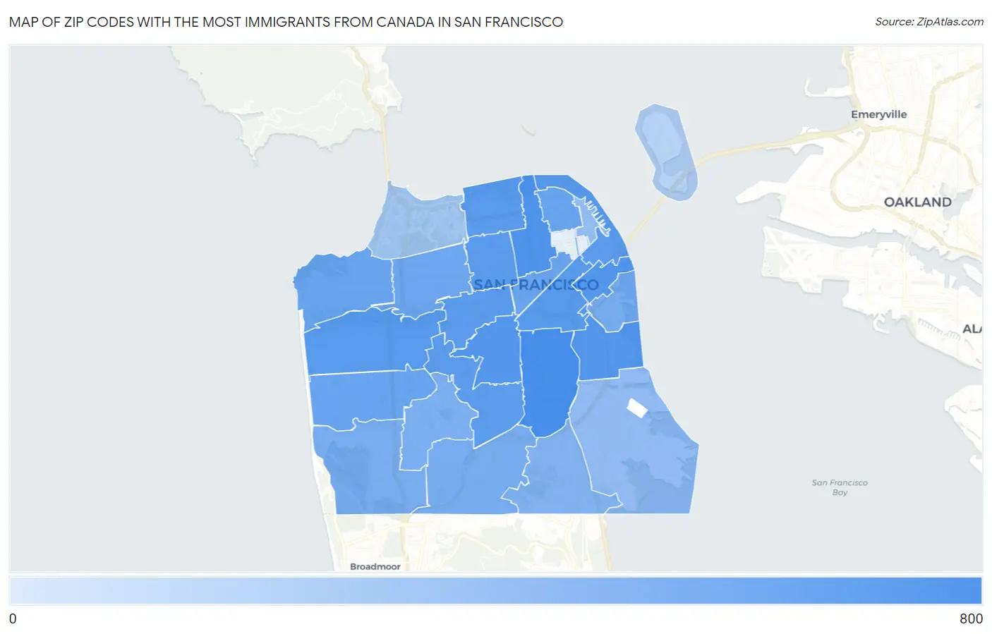 Zip Codes with the Most Immigrants from Canada in San Francisco Map