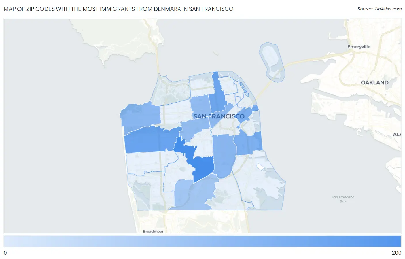Zip Codes with the Most Immigrants from Denmark in San Francisco Map