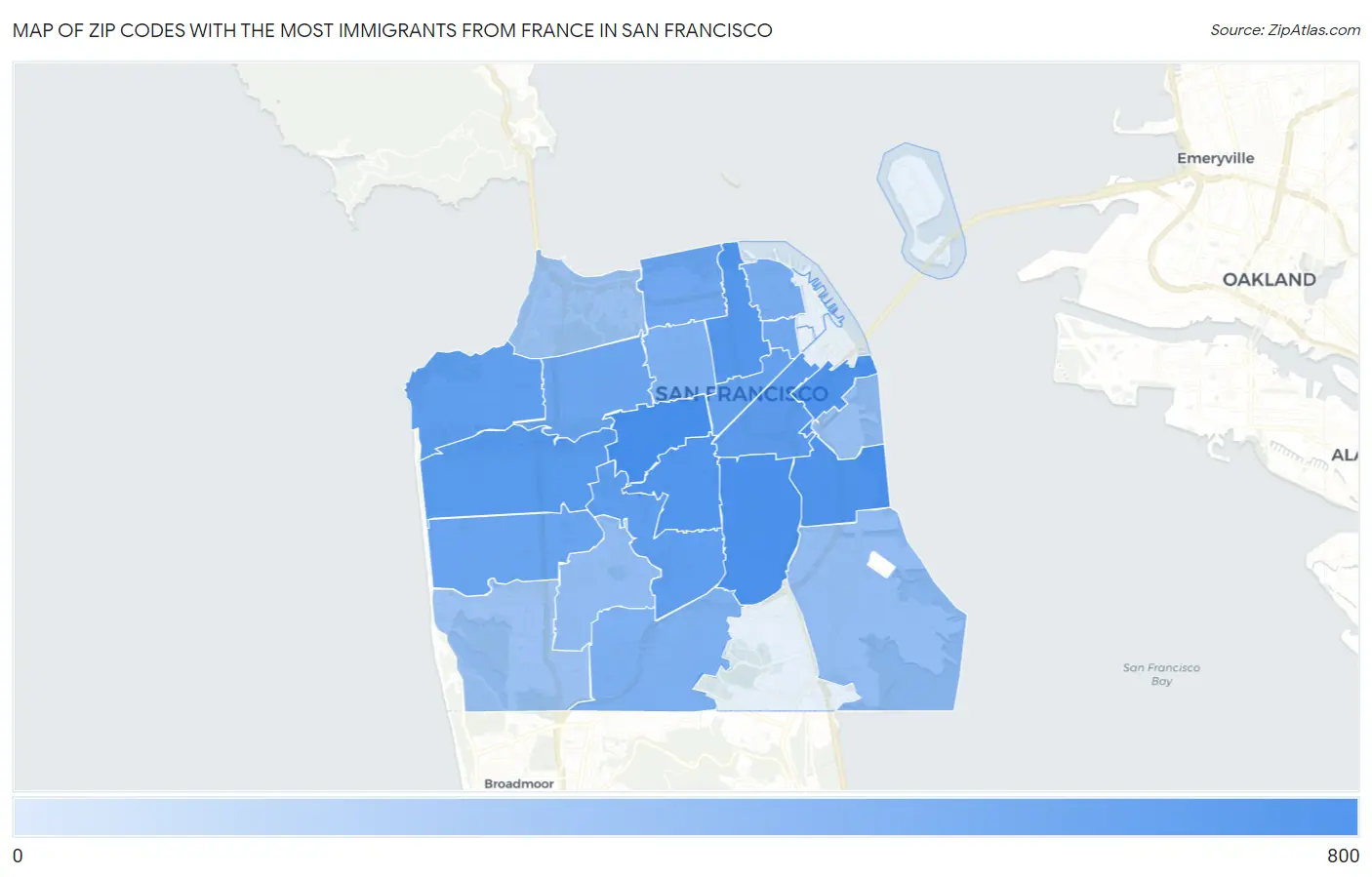 Zip Codes with the Most Immigrants from France in San Francisco Map
