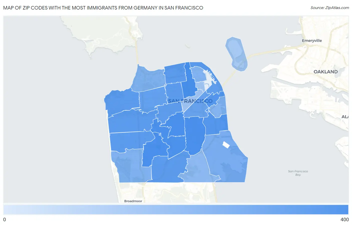 Zip Codes with the Most Immigrants from Germany in San Francisco Map