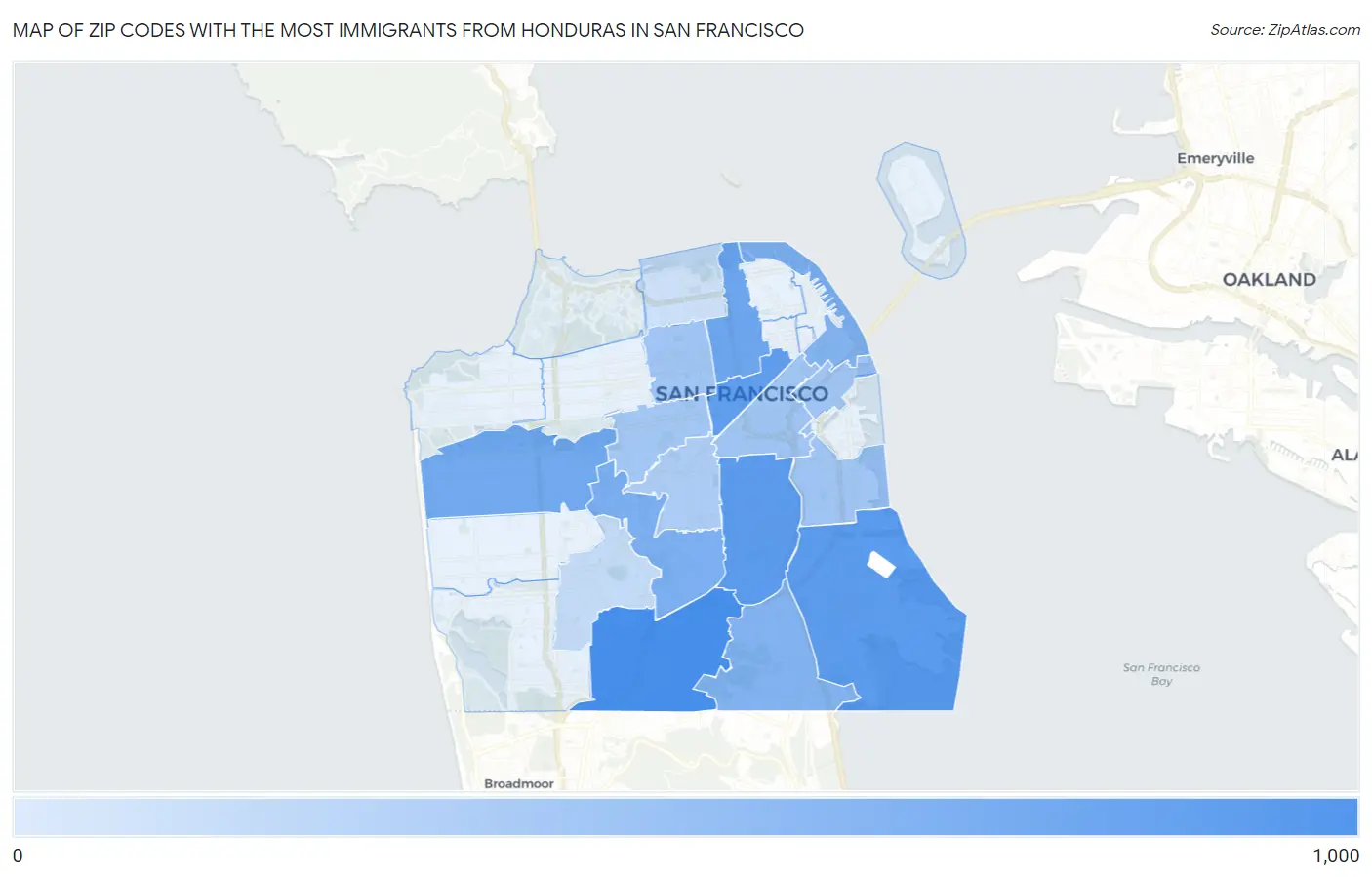 Zip Codes with the Most Immigrants from Honduras in San Francisco Map