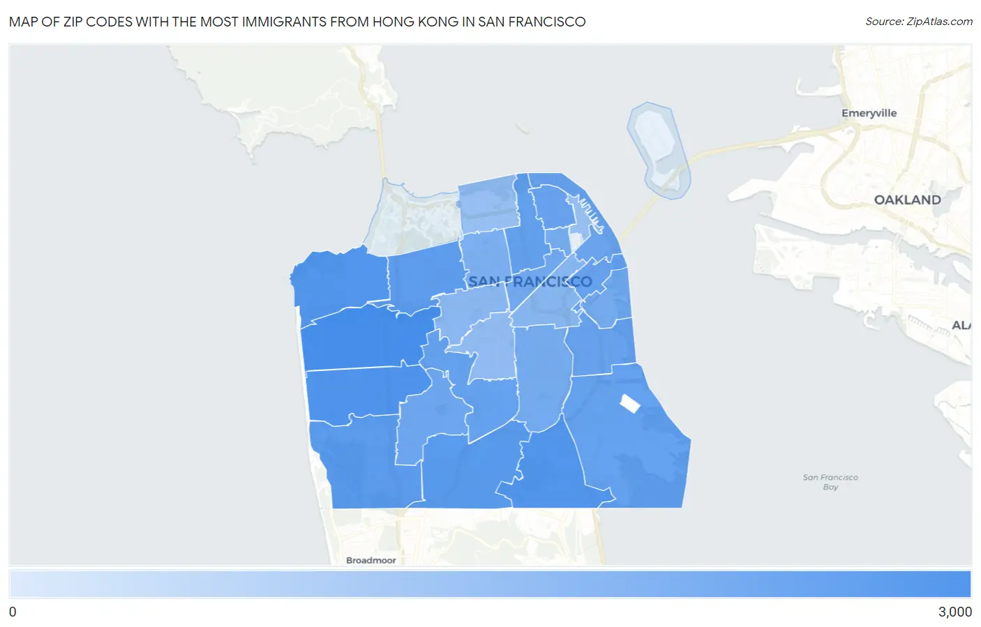 Zip Codes with the Most Immigrants from Hong Kong in San Francisco Map