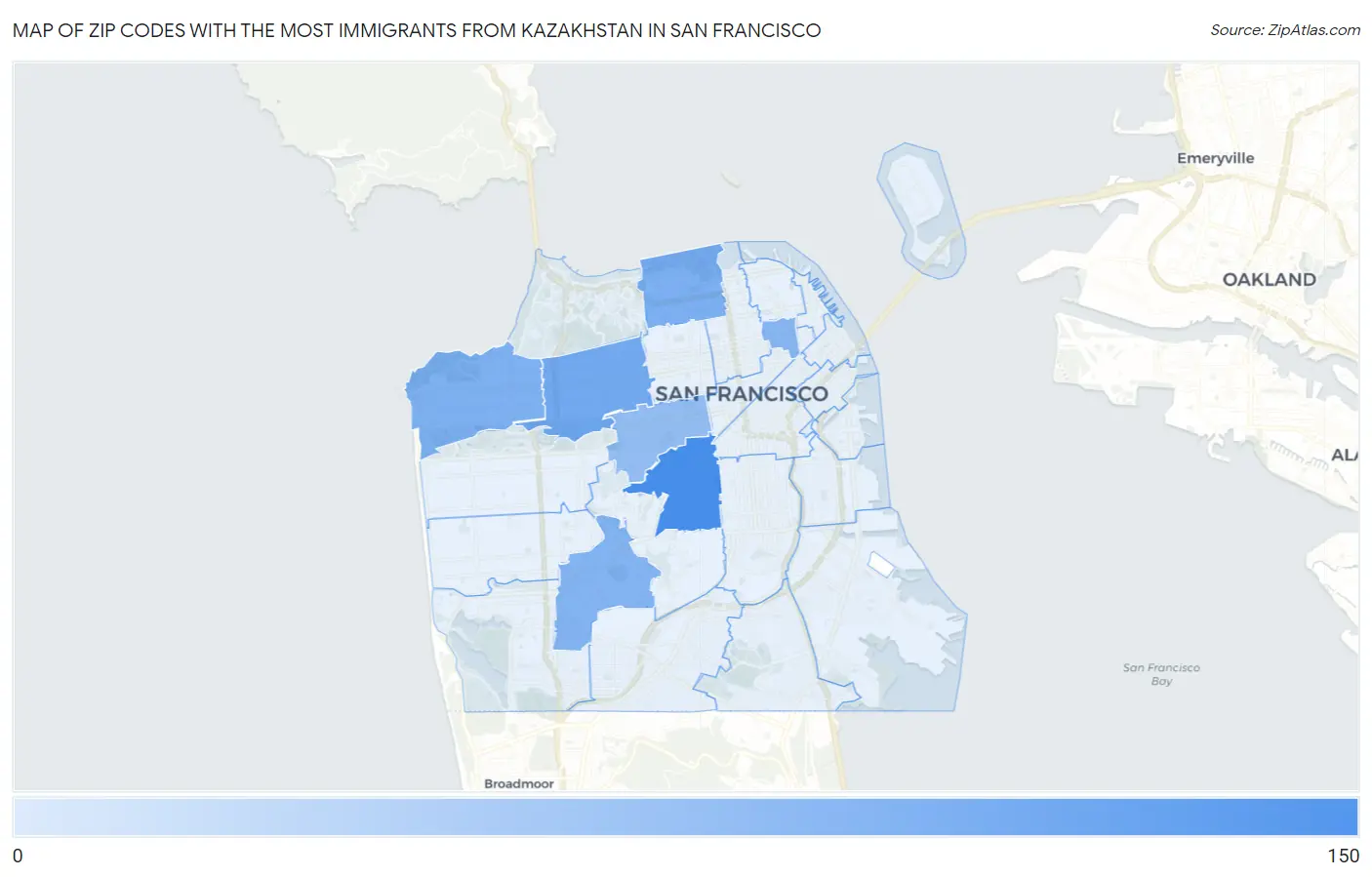 Zip Codes with the Most Immigrants from Kazakhstan in San Francisco Map
