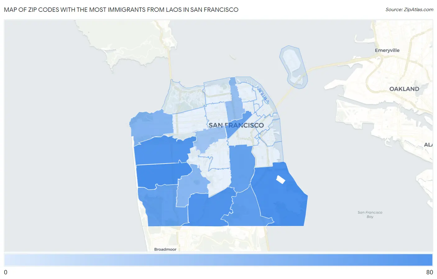 Zip Codes with the Most Immigrants from Laos in San Francisco Map