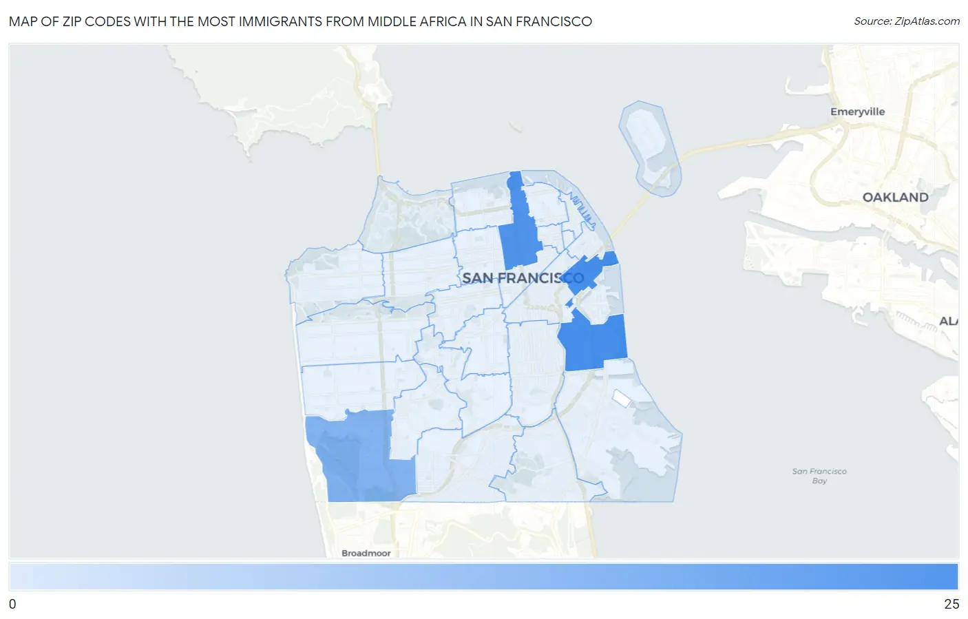 Zip Codes with the Most Immigrants from Middle Africa in San Francisco Map