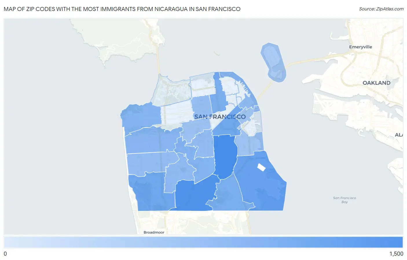Zip Codes with the Most Immigrants from Nicaragua in San Francisco Map