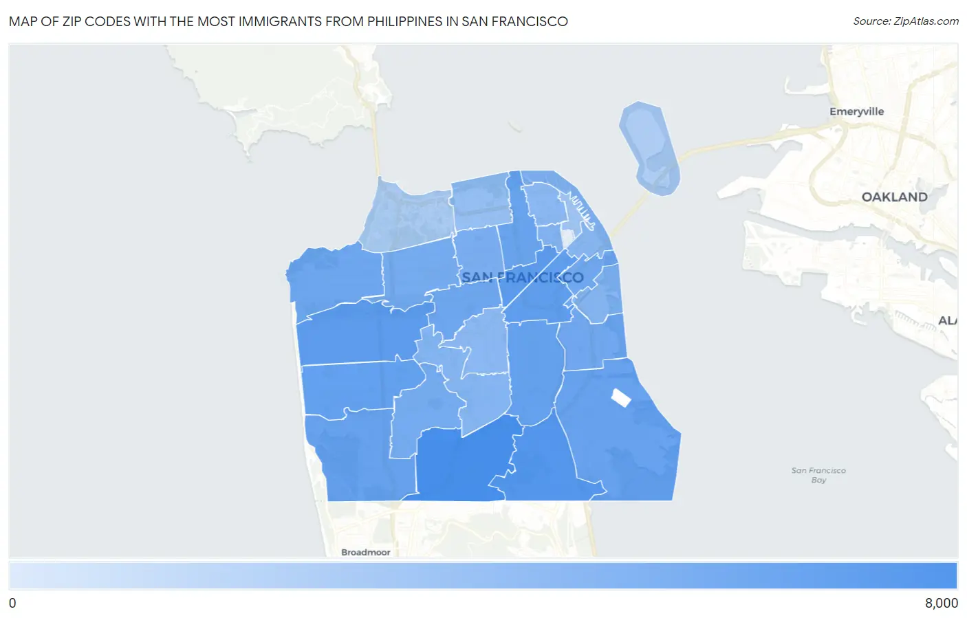 Zip Codes with the Most Immigrants from Philippines in San Francisco Map
