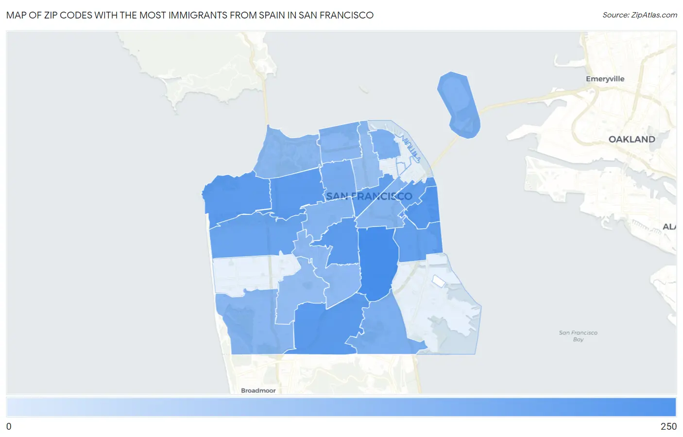 Zip Codes with the Most Immigrants from Spain in San Francisco Map