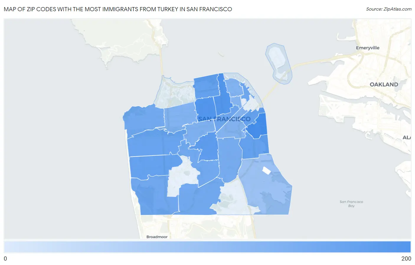 Zip Codes with the Most Immigrants from Turkey in San Francisco Map