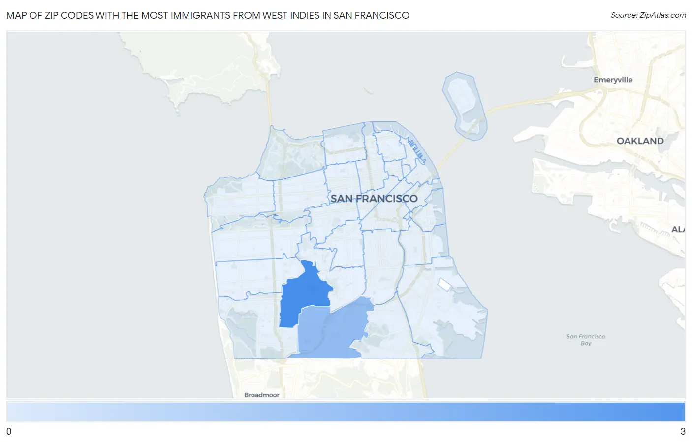 Zip Codes with the Most Immigrants from West Indies in San Francisco Map