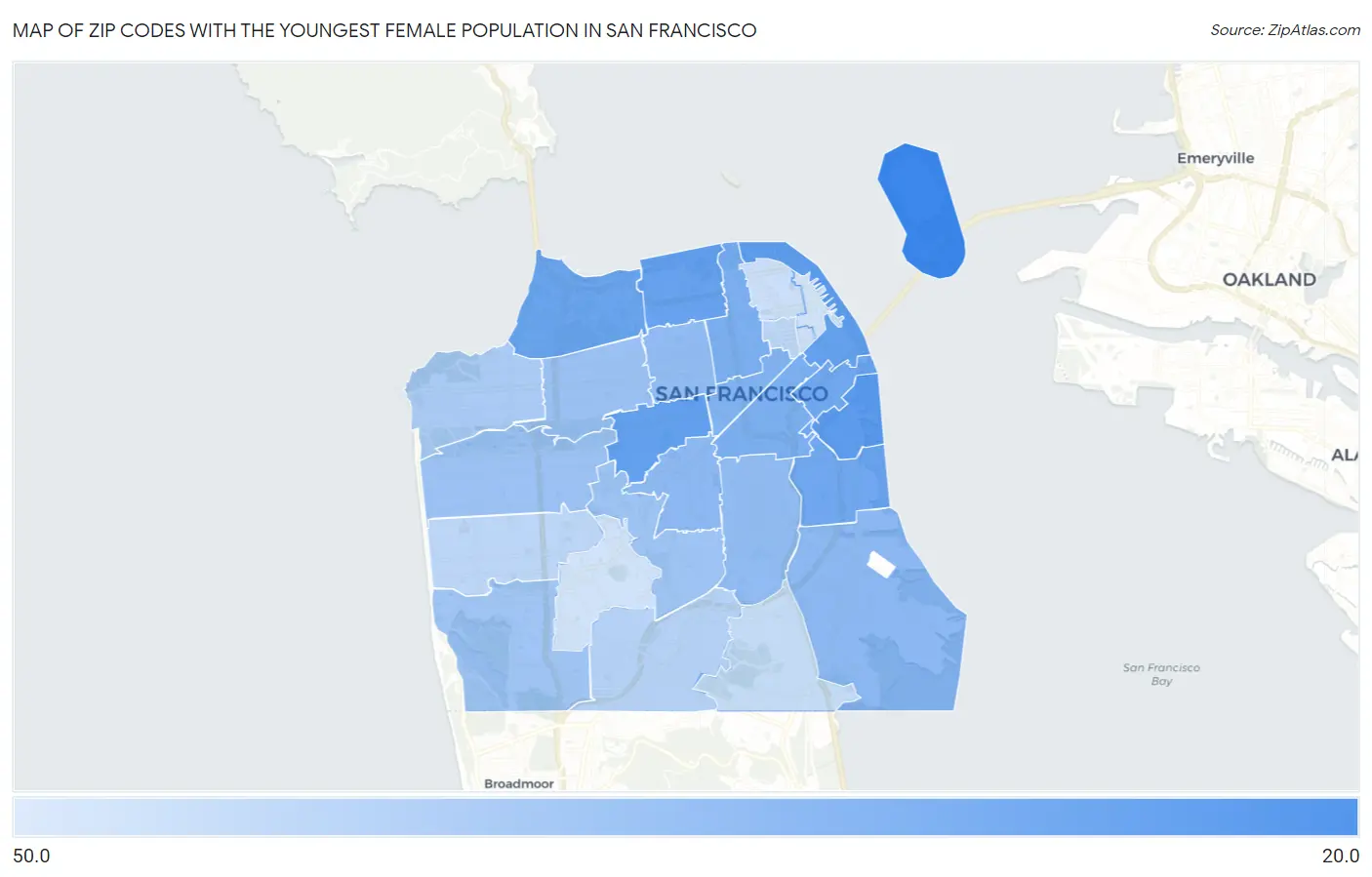 Zip Codes with the Youngest Female Population in San Francisco Map