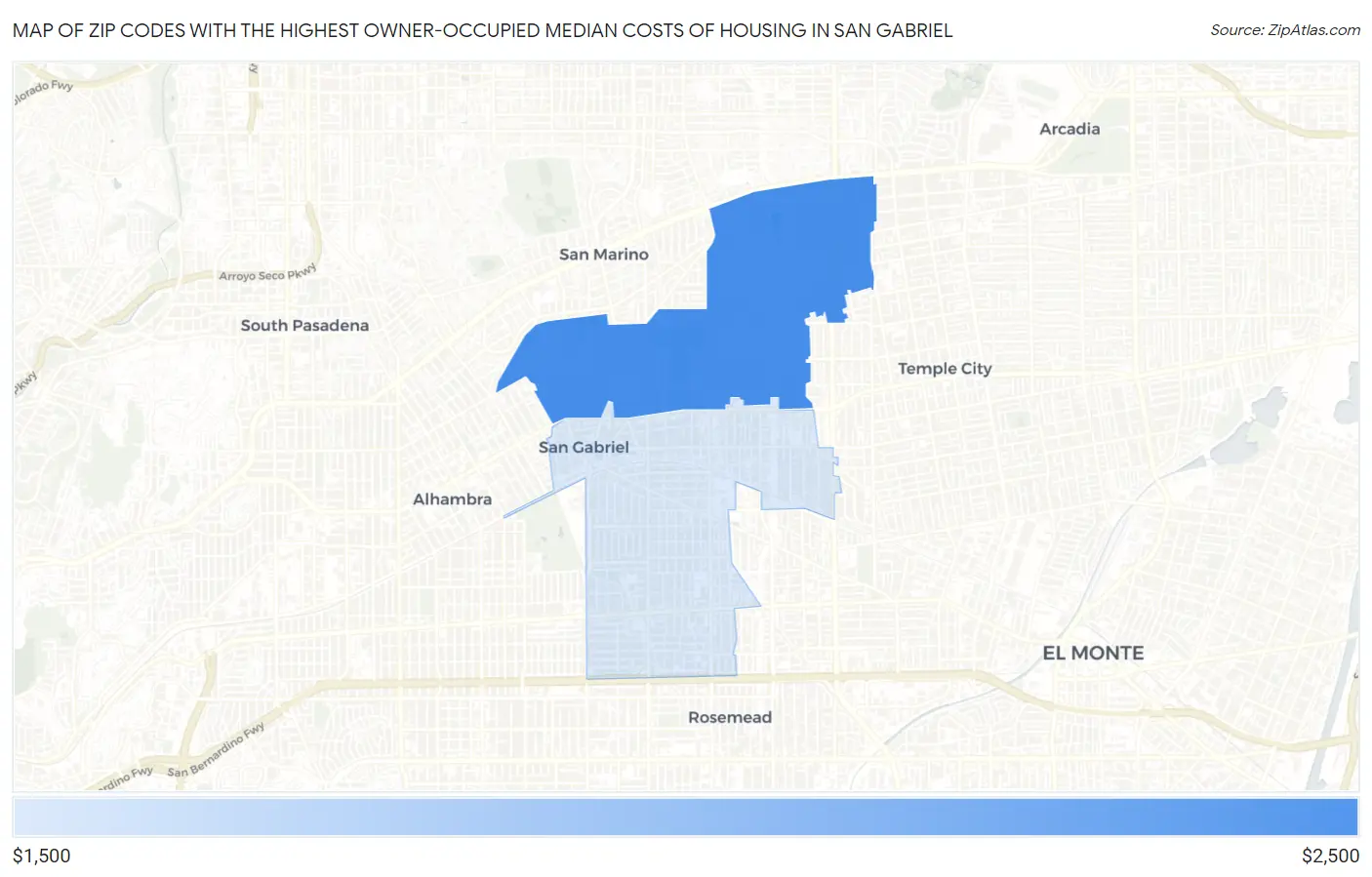 Zip Codes with the Highest Owner-Occupied Median Costs of Housing in San Gabriel Map